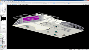 バーチャル空間を作る過程（Vectorworksで3D化したセットを照明シミュレーションソフトに取り込み、バーチャル空間上でさまざまな検証と事前プログラムを行う） 1