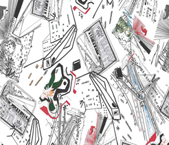 サンパウロの建築物をモチーフに描き下ろしたイラストをコラージュ（一例）