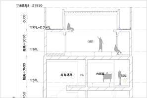 「沼袋の集合住宅」断面図、上階になるほど外壁が薄くなっていることがよくわかる