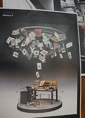 展示設計図書より。尾田栄一郎氏の机から広がる原画、という展示イメージ