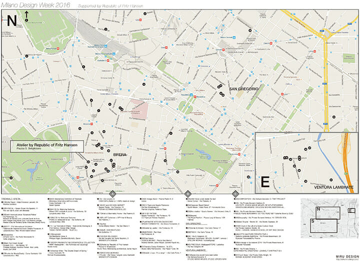 ミラノ市内のイベントをまとめた、MIRU DESIGN「Milano Design Week 2016 Map」