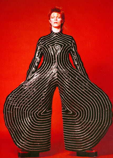 Striped bodysuit for the Aladdin Sane tour, 1973. Design by Kansai Yamamoto.Photograph by Masayoshi Sukita© Sukita / The David Bowie Archive