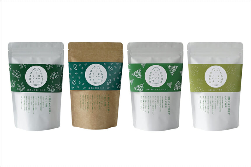 コフンノミドリ特上深蒸し煎茶（100g）、コフンノミドリ上深蒸し煎茶（100g）、コフンノミドリ緑茶ティーバッグ（5g×20個）、コフンノミドリ緑茶パウダー（1g×20本）