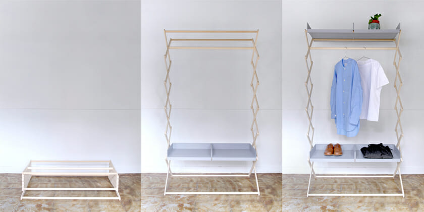 Accordion Rack /Shelf：ただの木の枠組みのようだが、引き出しを置くことで使い方をアレンジできる棚になる