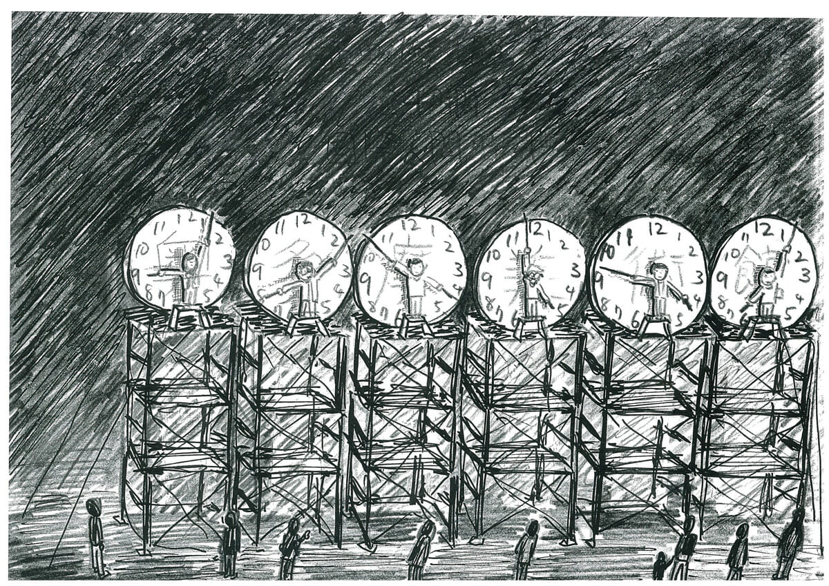 国立奥多摩美術館《24時間人間時計のためのドローイング》 《Drawing for 24h Human Clock》<br />2012年に東京都青梅市に発足したアーティスト・コレクティブ「国立奥多摩美術館」。メンバーの多くは、東南アジアで作品発表の経験がある。今回はアジアをテーマに、人が時計の針となる「24時間人間時計」に挑戦