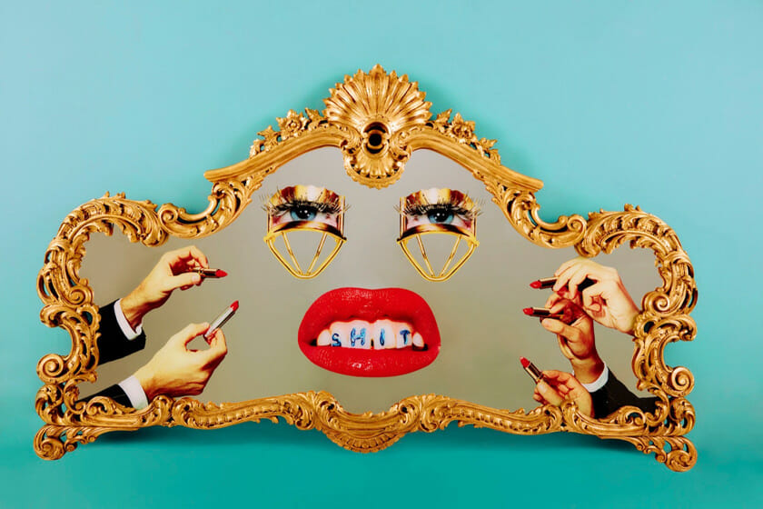 Untitled, 2017 Gilded wood, mirror, glass, UV color print | Bois, Dorure,miroir,verre.inpressdion couleur UV 102 × 170 cm / 40 3/16 × 66 15/16 in ©TOILETPAPER / Courtesy Perrotin
