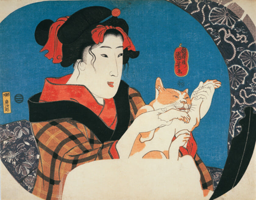 歌川国芳「鏡面シリーズ　猫と遊ぶ娘」 弘化元～二年（1844～45）頃　団扇絵判錦絵 伊場屋仙三郎版