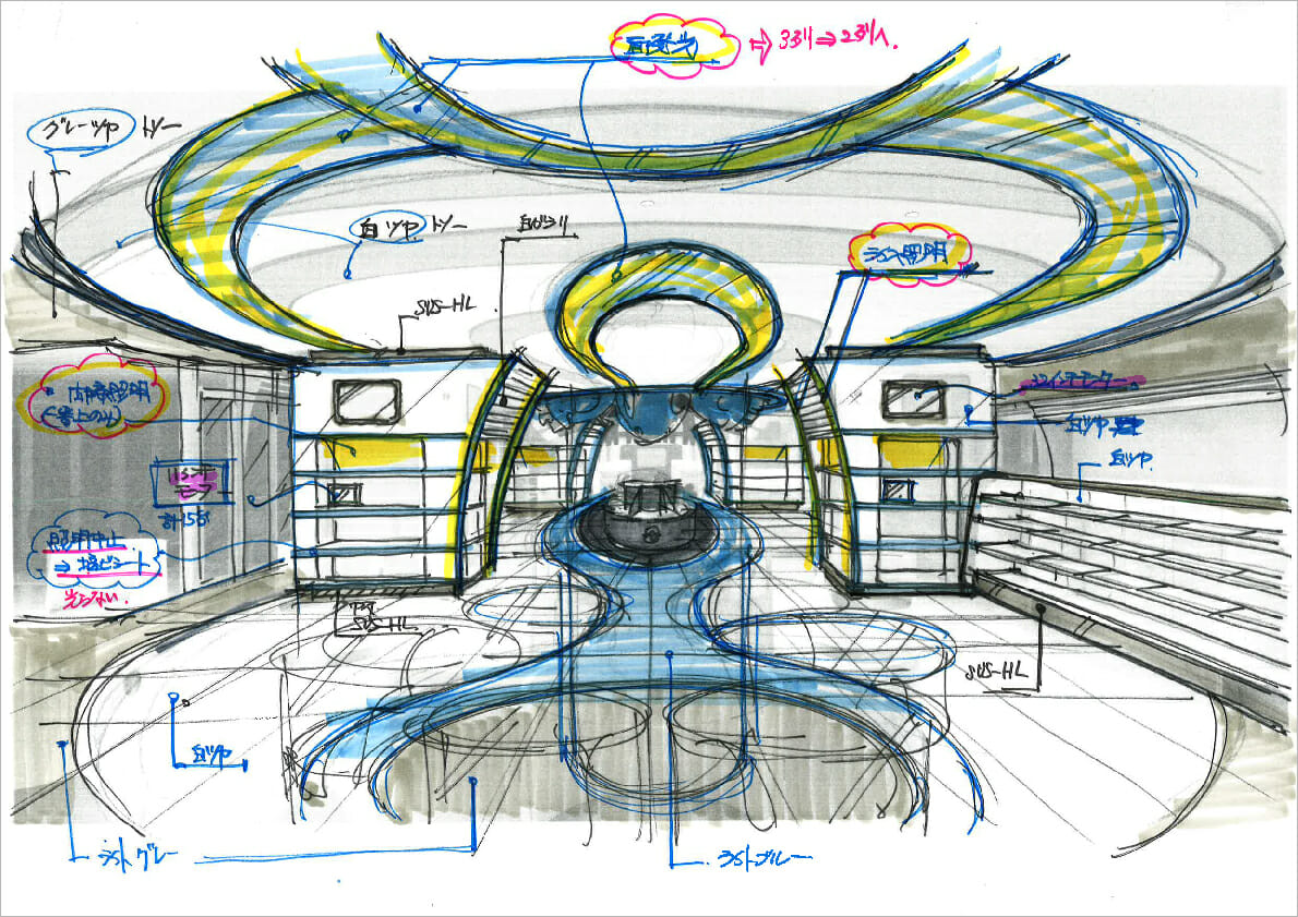 『ポケモンセンターヨコハマ』イメージスケッチ。「ここにはこういうライトが必要だろう」「少し透けている雰囲気だからこの素材を使おう」など、1枚のスケッチからたくさんのことを読み取るという