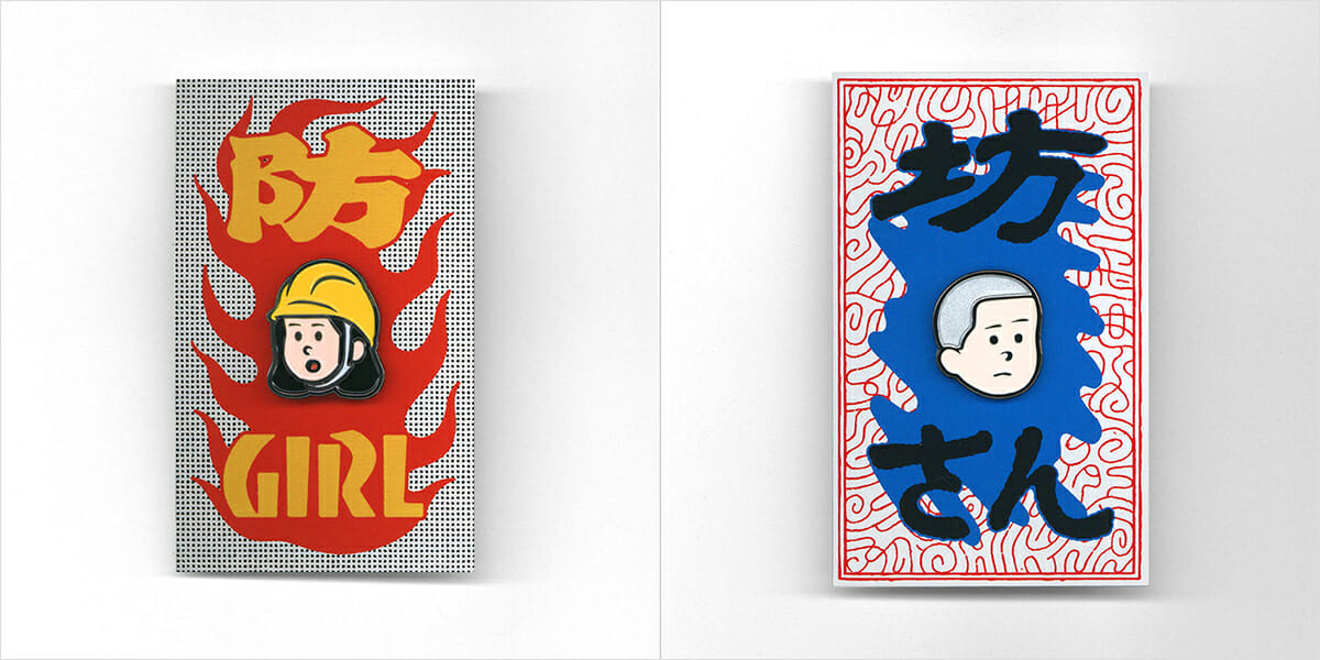 岡村さんのイラストによる、VOUの「防GIRL ピンバッジ」と「坊さん PIN BADGE」