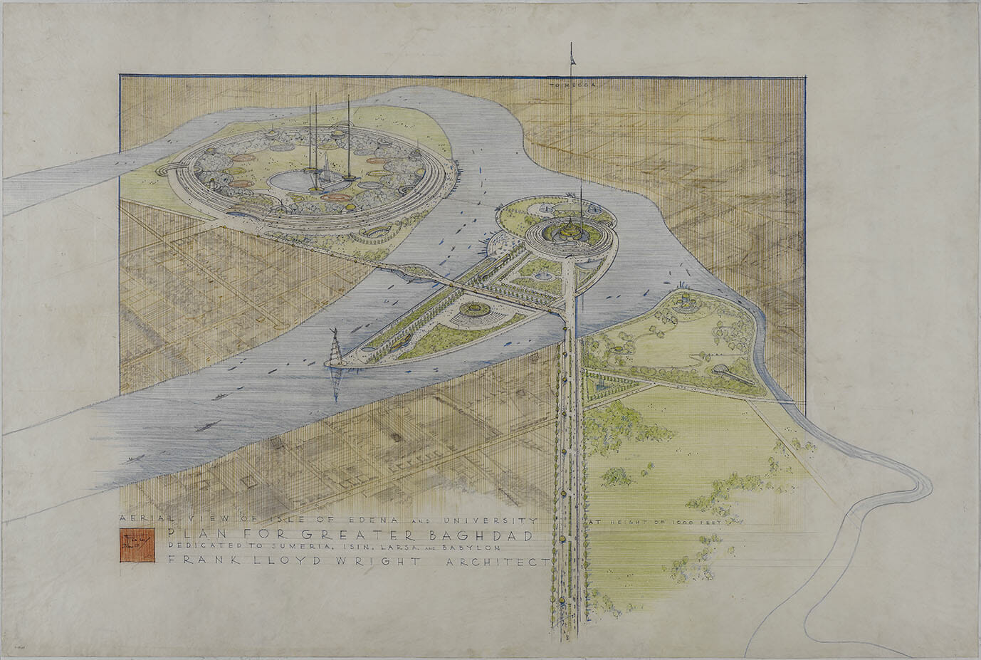 フランク・ロイド・ライト 《大バグダッド計画案　鳥瞰透視図》　 1957年 コロンビア大学エイヴリー建築 美術図書館 フランク・ロイド・ライト 財団アーカイヴズ蔵