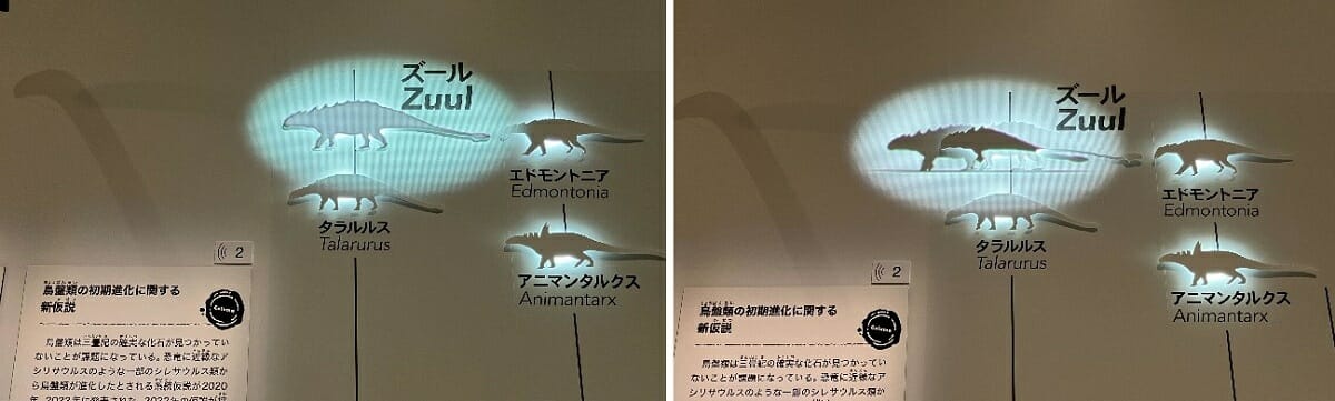 ズールにスポットライトがあたり（左画像）、歩くモーションのシルエットが投影される（右画像）