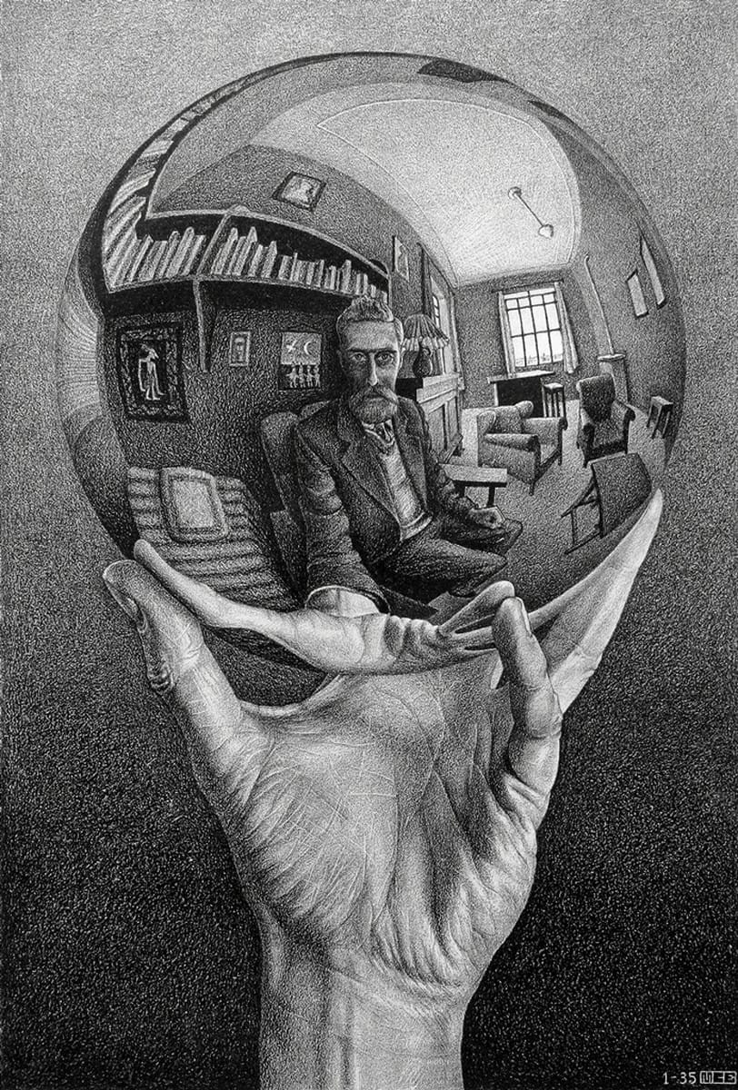 《写像球体を持つ手》1935年、リトグラフ M.C. Escher Foundation Collection, The Netherlands All M.C. Escher works © 2024 The M.C. Escher Company, Baarn, The Netherlands. All rights reserved mcescher.com