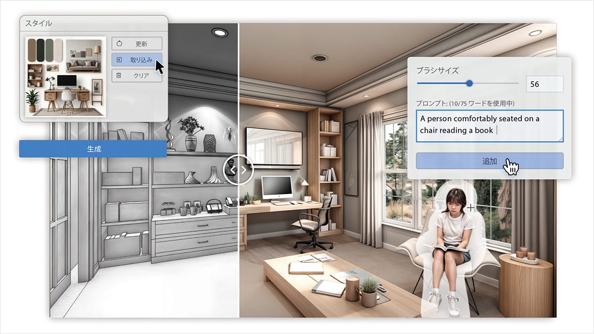 AI Visualizer(VECTORWORKS 2025 UPDATE 5)では、ブラシを使用した部分的な画像編集、スタイル適用の機能などにより、さらに高度なAI画像の生成が可能となりました。