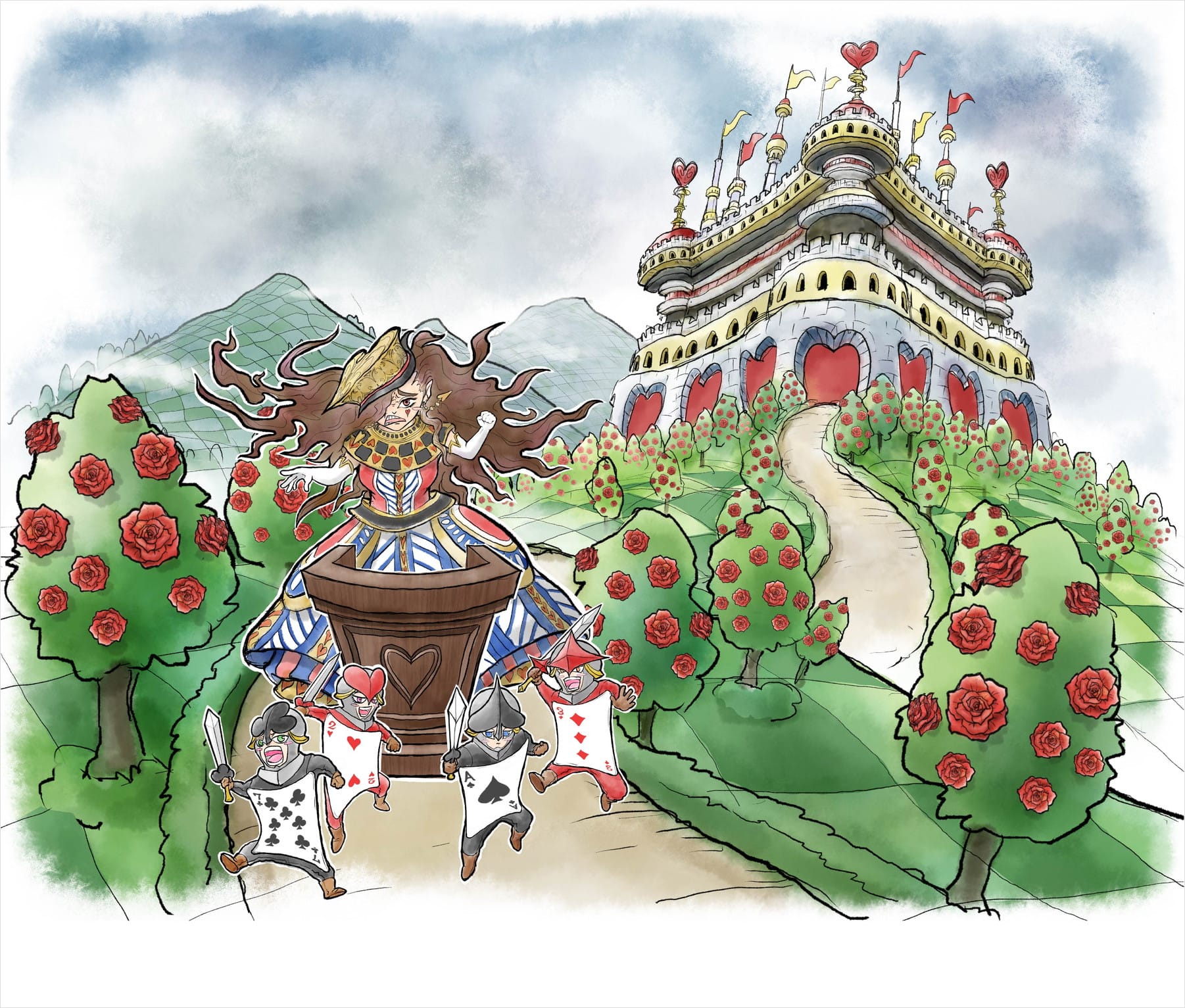 「不思議の国のアリス」に登場する女王の城と庭、女王とトランプ兵のイラスト