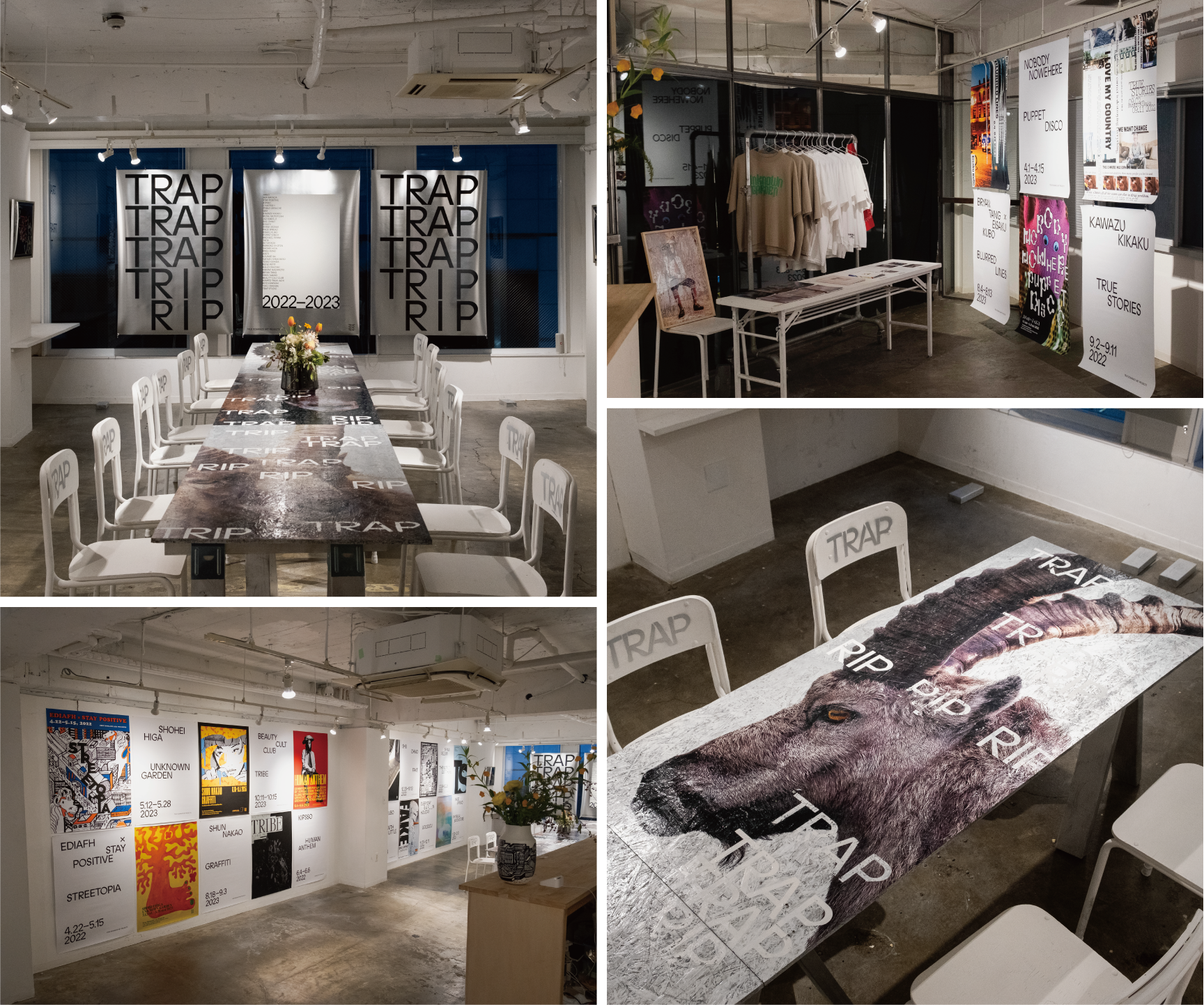 TRAPが運営していたギャラリー「True Romance Art Projects」。建替工事に伴うクロージングパーティでは、開催した企画展ビジュアルポスターのほか、「３匹の山羊」の童話から着想を得たTRAPオリジナル作品を展示した。