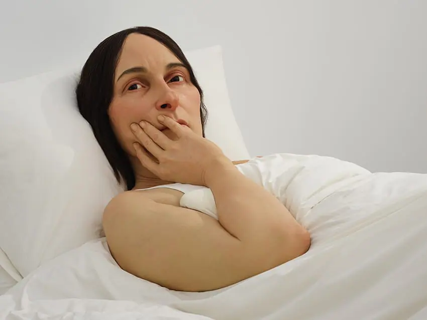 《イン・ベッド》 2005年 ミクストメディア 162×650×395cm 所蔵：カルティエ現代美術財団 展示風景：「ロン・ミュエク」韓国国立現代美術館ソウル館、2025年 撮影：ナム・キヨン 画像提供：カルティエ現代美術財団、韓国国立現代美術館