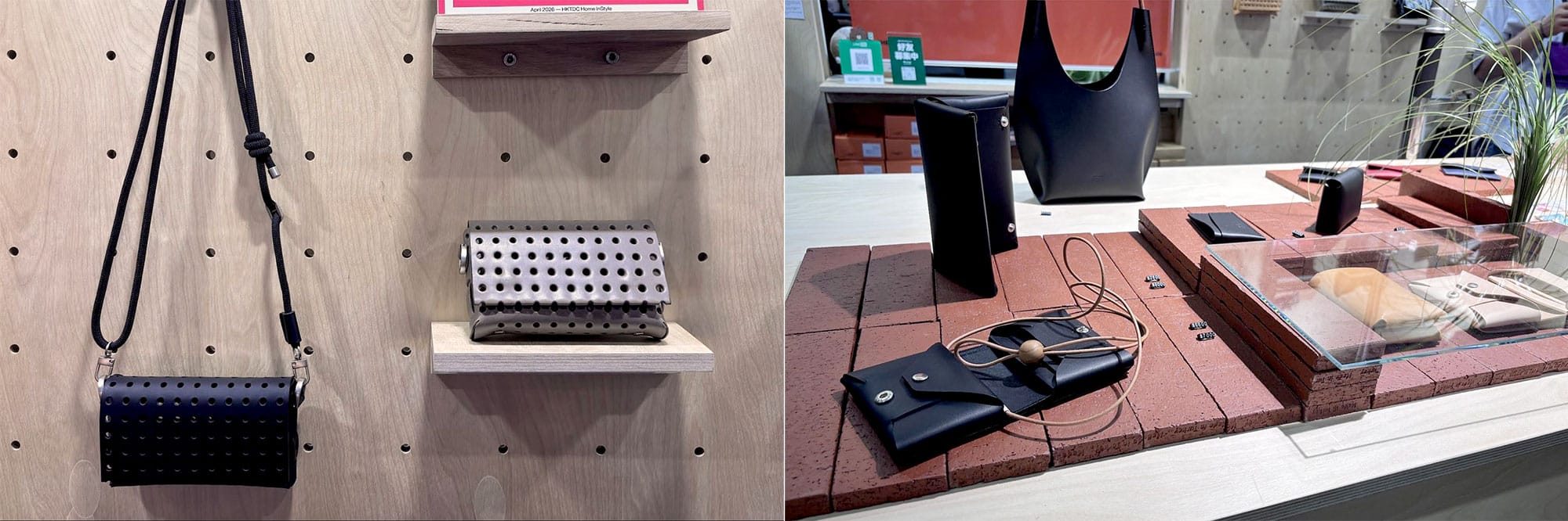 (左)「DONDON BAG 洞洞包」全体に穴が空いたインパクト大のカバン。作業場のパンチングボードに着想を得ている